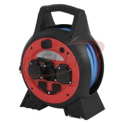 Cable Reel 20m outdoor P08620W, 3x 2P+E Schuko 13A 230VAC (max 1100W/3000W), 2x USB type-A 5VDC max 2,1A  with LED-lamp 3W,  UV- and oil resistant and extremely non-abrasive cable AT-N05V3V3-F 3G 1,5mm2, op.temp. -35°C..+60°C, IP44, black-red, Emos