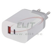 USB-seinalaadija 100..240VAC 50/60Hz / 1x USB type-A QC 2.0–3.0 (5..12VDC/1.5..3A/18W), 1x USB Type-C PD (5..12VDC/1.5..3A/18W), sinine LED indikaator, valge, Emos
