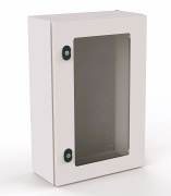 Enclosure E COR, 400Wx500Hx200D, door w. tempered glass window, mounting plate, 1x gland plate 310x110, 1x lock w. ø3mm double bar key, C3M| epoxy resin layer, IP66 IK10, Nema4, grey