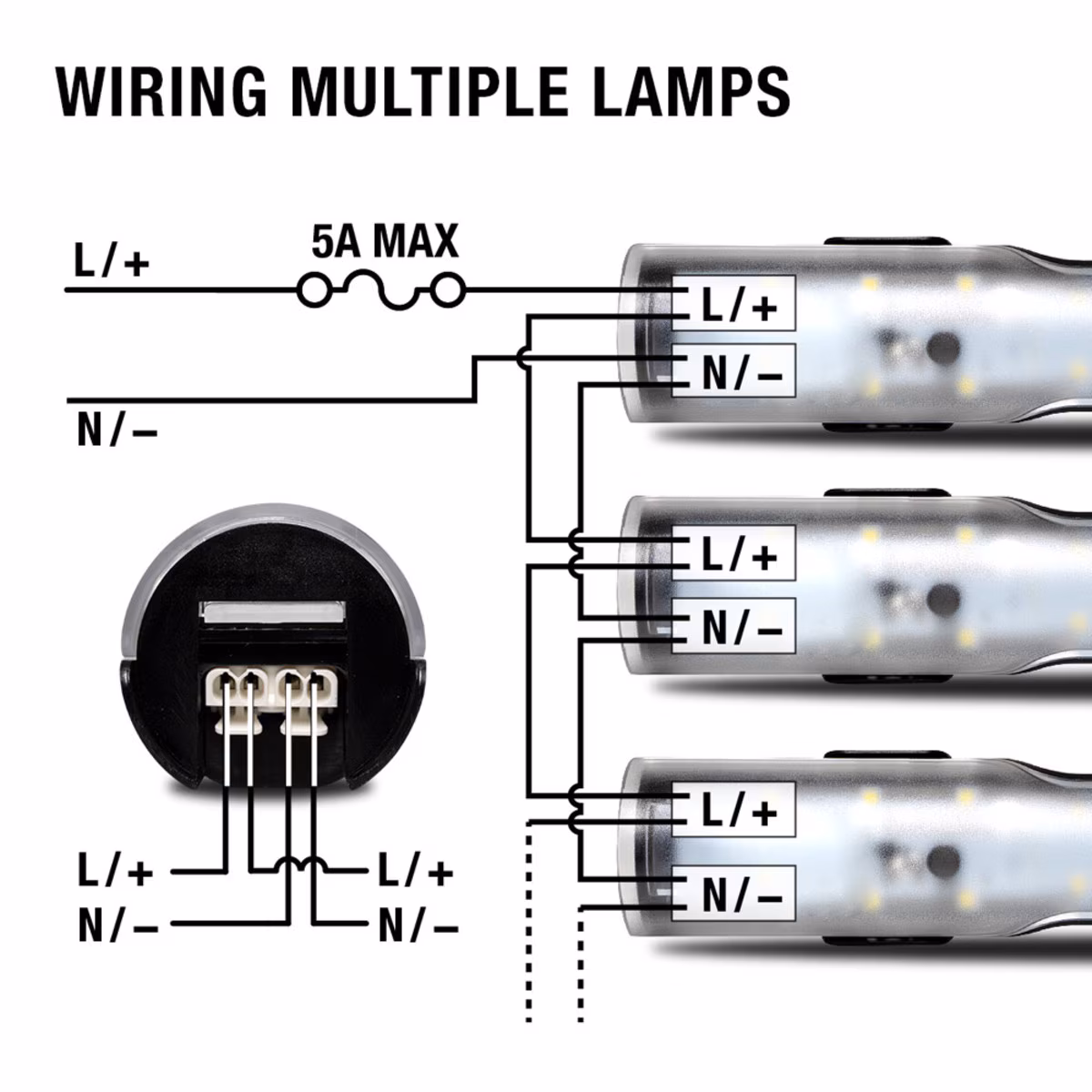 Kilbivalgusti 7L, LED 6W 12..48VAC/DC 600lm 5000°K, on/off switch, push-in connection, -30..50°C, plastic, W46xH47.5xL310.6mm, magnetic ^clip fixing, incl. 07L.11 connector