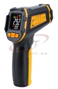 Infrared Thermometer -50℃ To 490℃, high acc. 0-100℃ ±1.5℃ , Color LCD, 13 points laser, emissivity 0.1-1.0 adjust., distance to Spot Size 12:1, work humidity 10-95%RH, temp. alarm, battery 2x 1.5V AAA not incl.